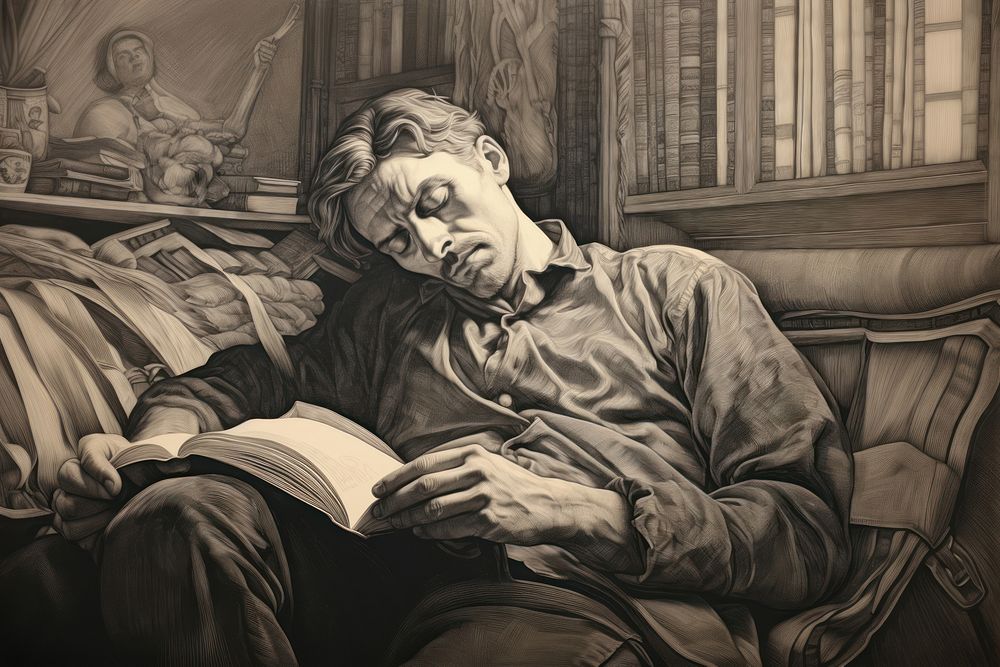 Man reading drawing publication illustrated.
