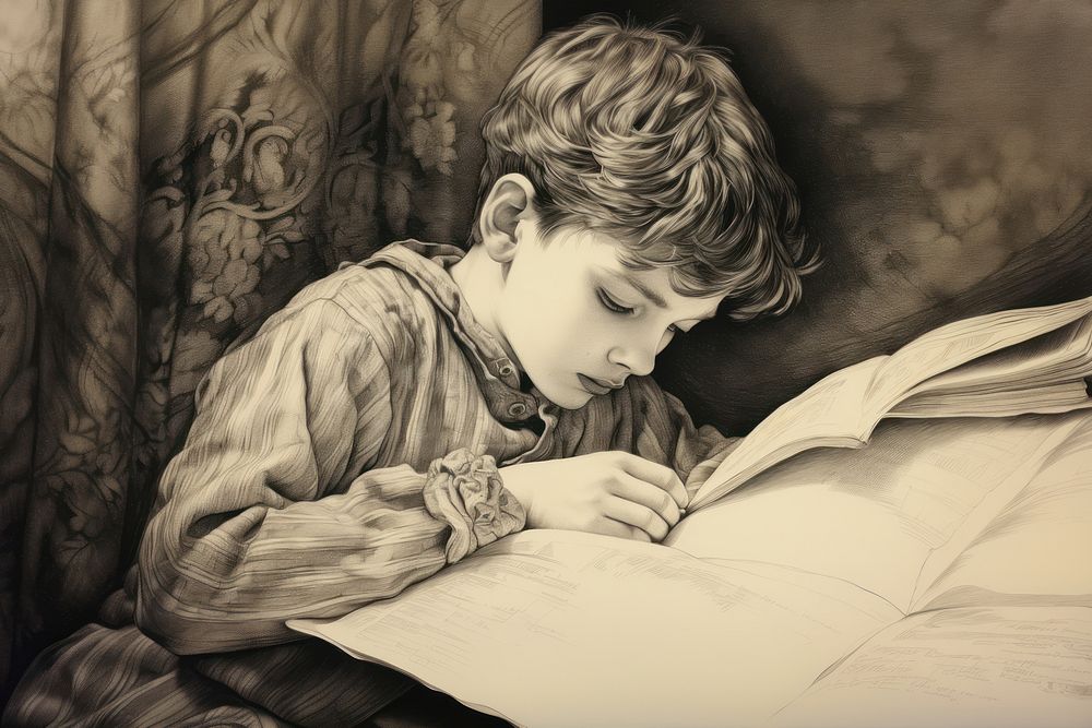 Boy reading drawing photography illustrated.