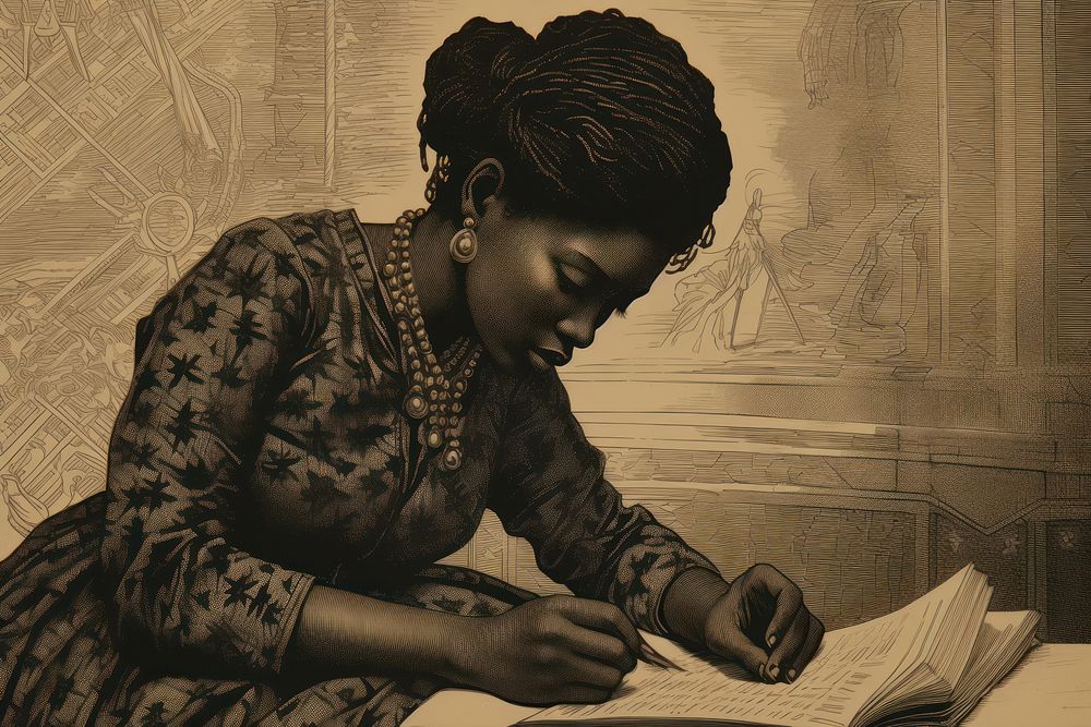 African woman reading photography publication portrait.