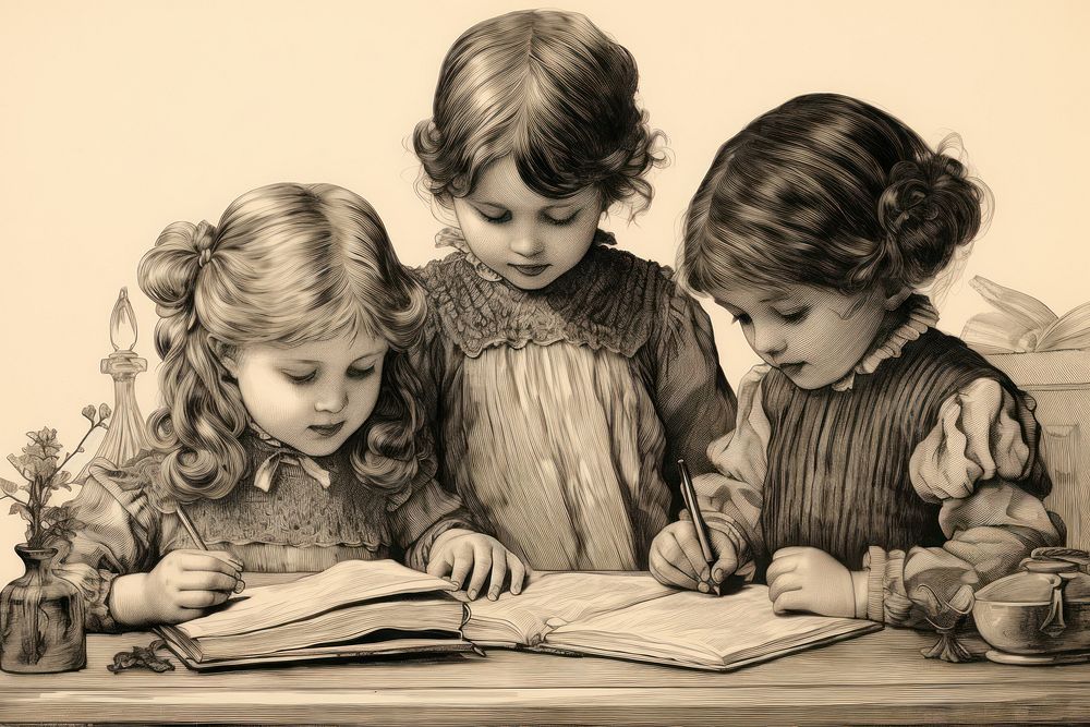 Cute kids reading drawing illustrated clothing.