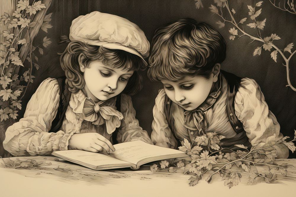 Cute kids reading drawing publication photography.