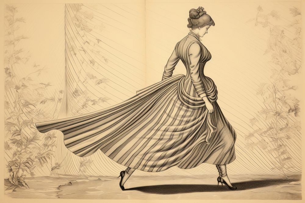 Walking woman drawing illustrated clothing.