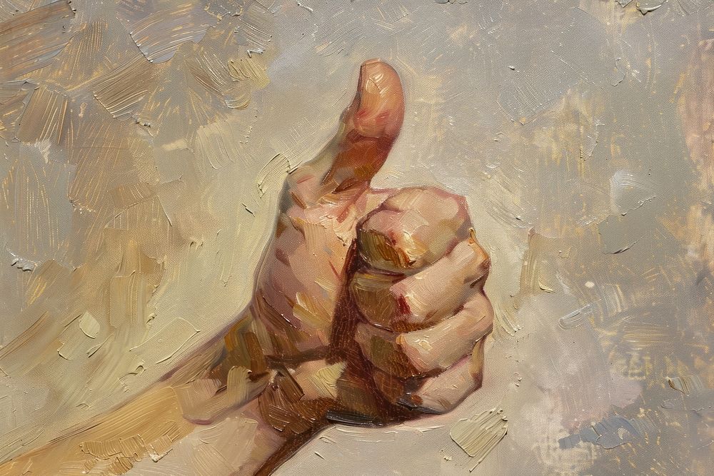Close up on pale thumbs up painting finger hand.