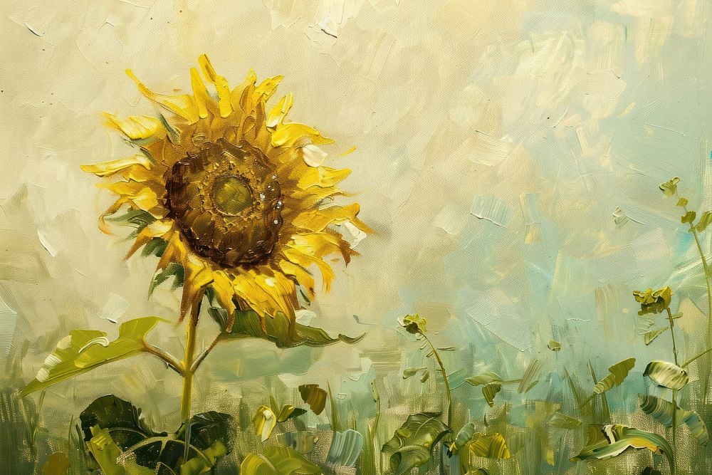 Close up on pale sunflower field painting plant art.