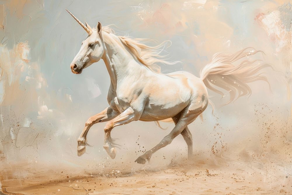 Close up on pale unicorn stallion painting animal.