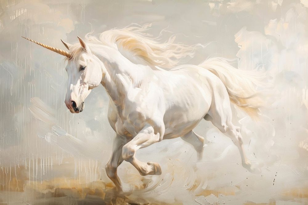 Close up on pale unicorn painting stallion animal.