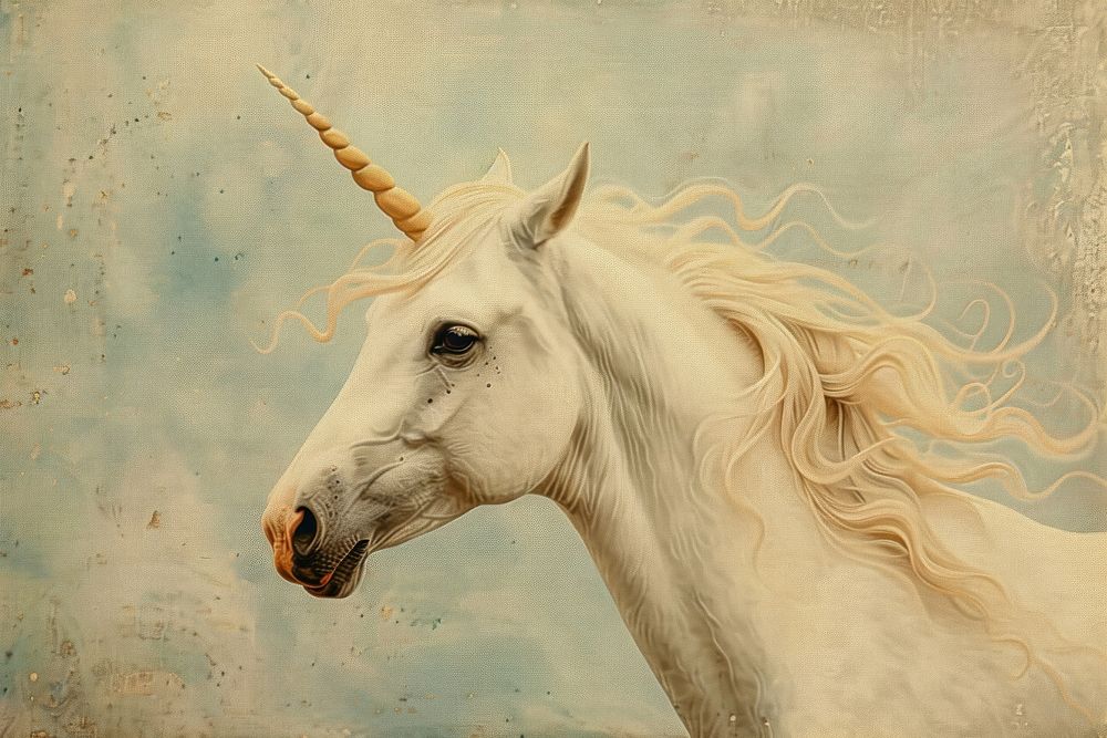 Close up on pale unicorn stallion painting animal.