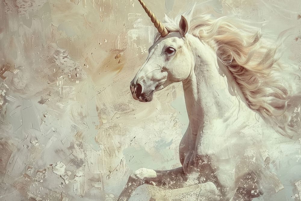 Close up on pale unicorn painting stallion animal.