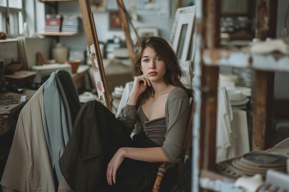 Photo of woman sitting worried fashion.