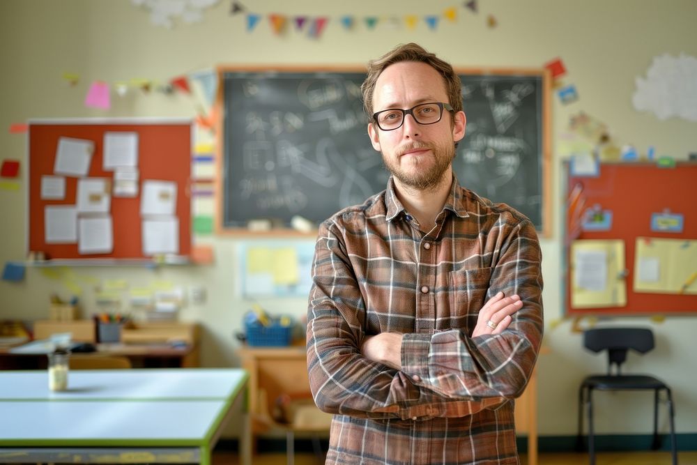 Photo of teacher blackboard furniture person.