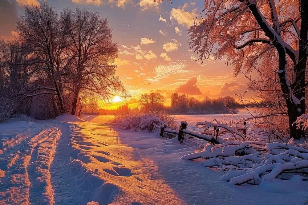 Winter landscape sunset outdoors.