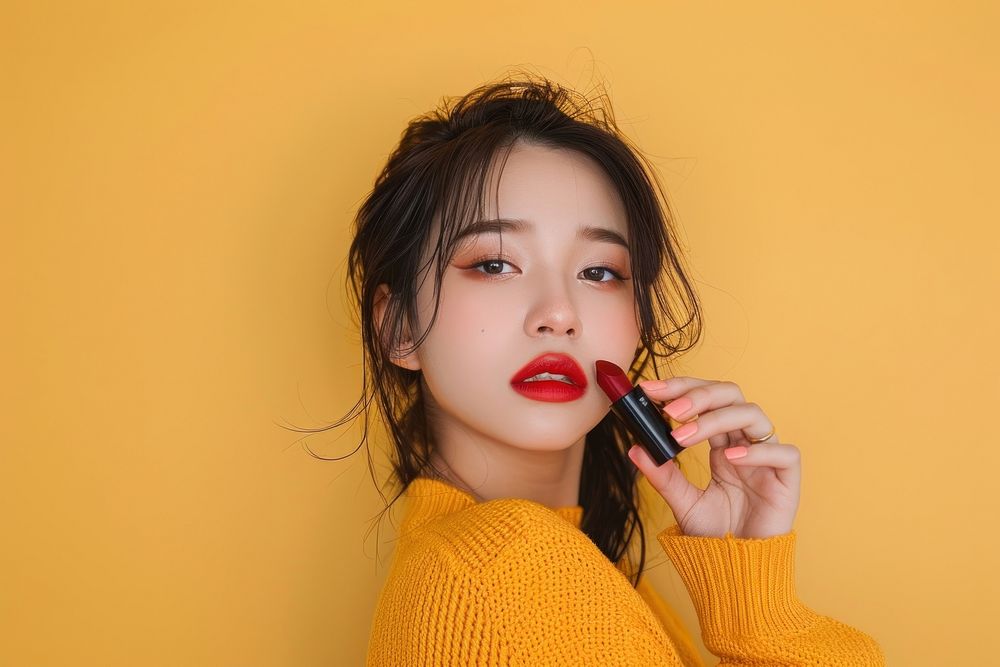 Photo of woman holding lipstick cosmetics photography person.