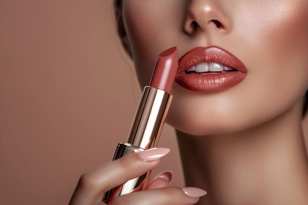 Photo of woman holding lipstick cosmetics.