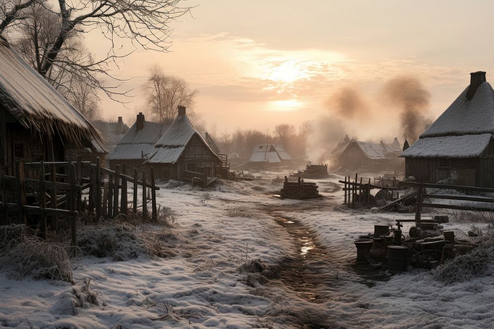 Winter village transportation countryside.