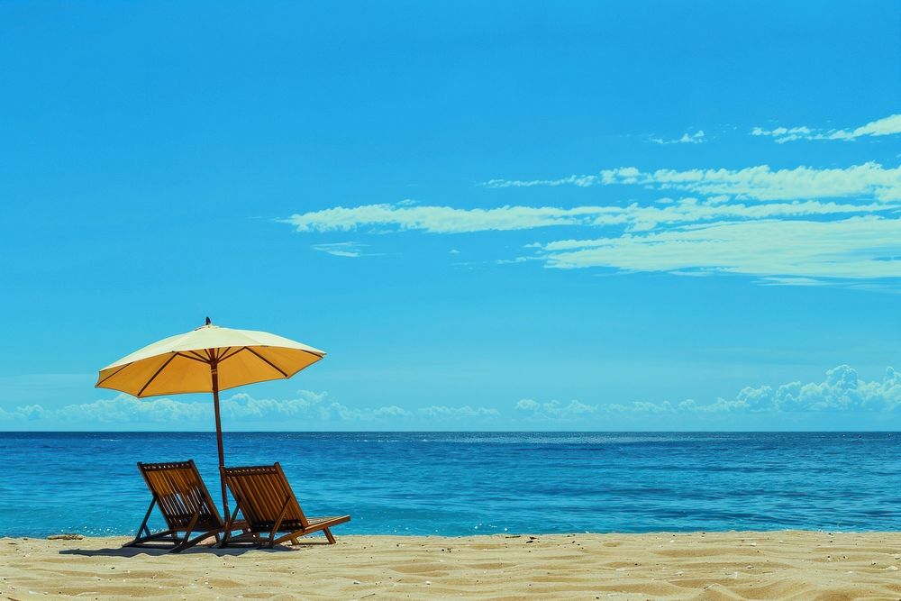 Photo of beach chair sea furniture umbrella.
