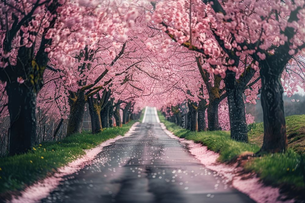 Photo of cherry blossoms road outdoors nature.