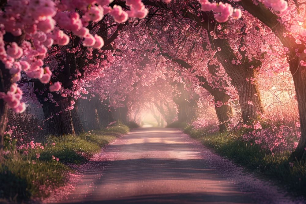 Photo of cherry blossoms road landscape outdoors.