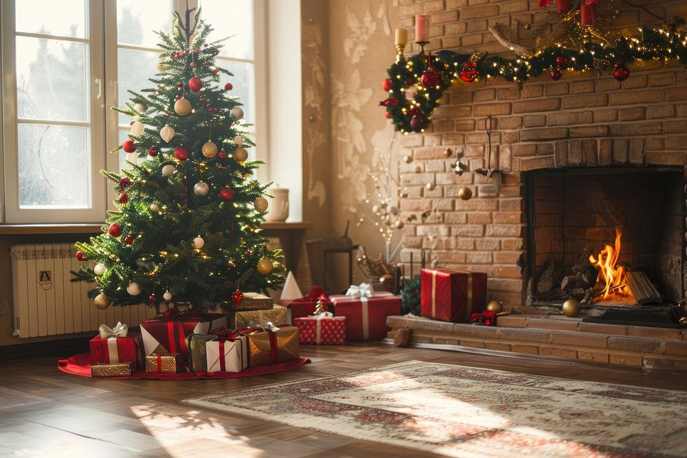 Photo of christmas tree fireplace hearth anticipation.