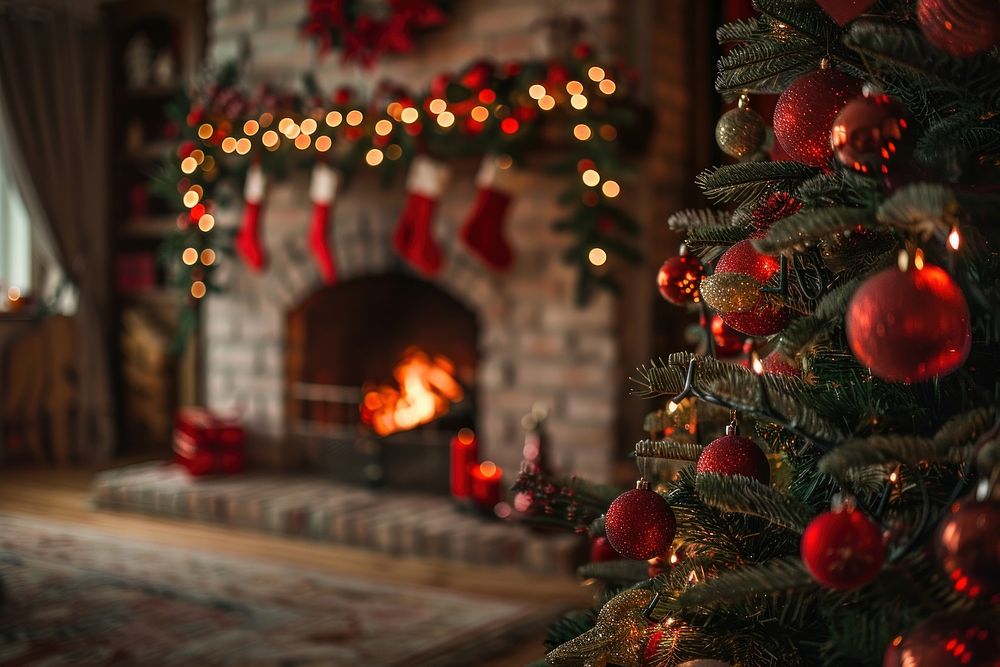 Photo of christmas tree fireplace hearth architecture.