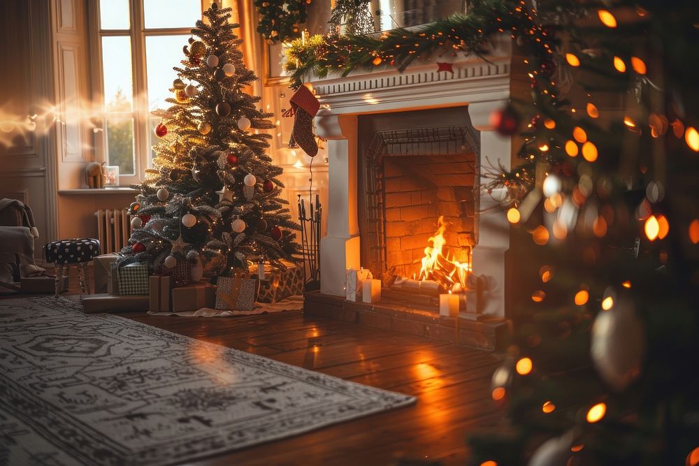 Photo of christmas tree fireplace architecture illuminated.
