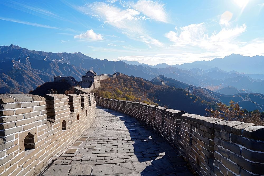 Photo of great wall of china day fortification architecture.