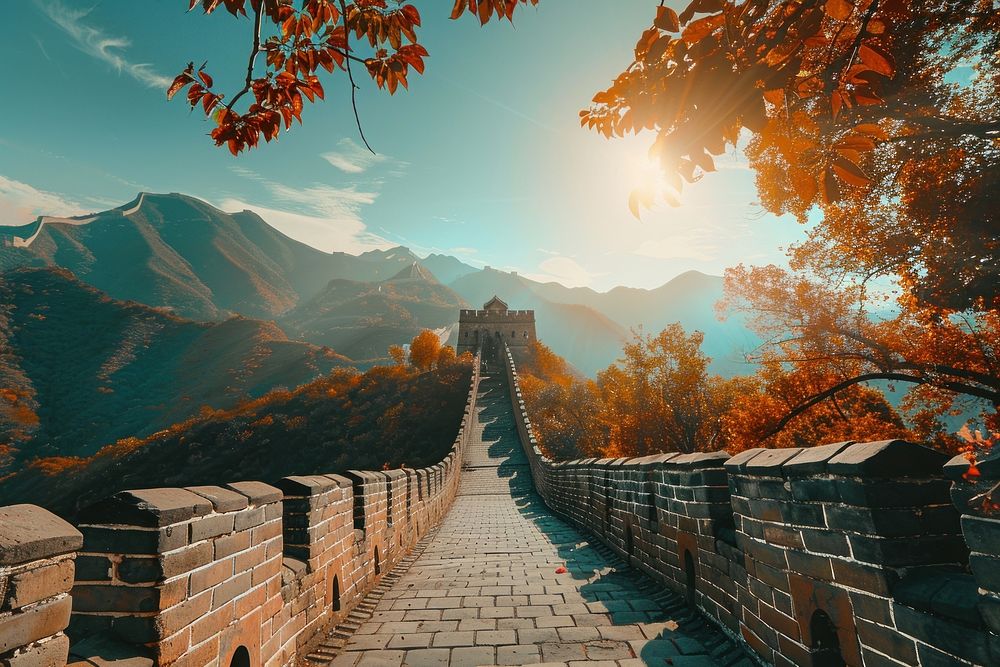 Photo of great wall of china autumn day architecture.