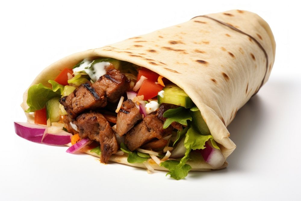Photo of kebab bread food white background.