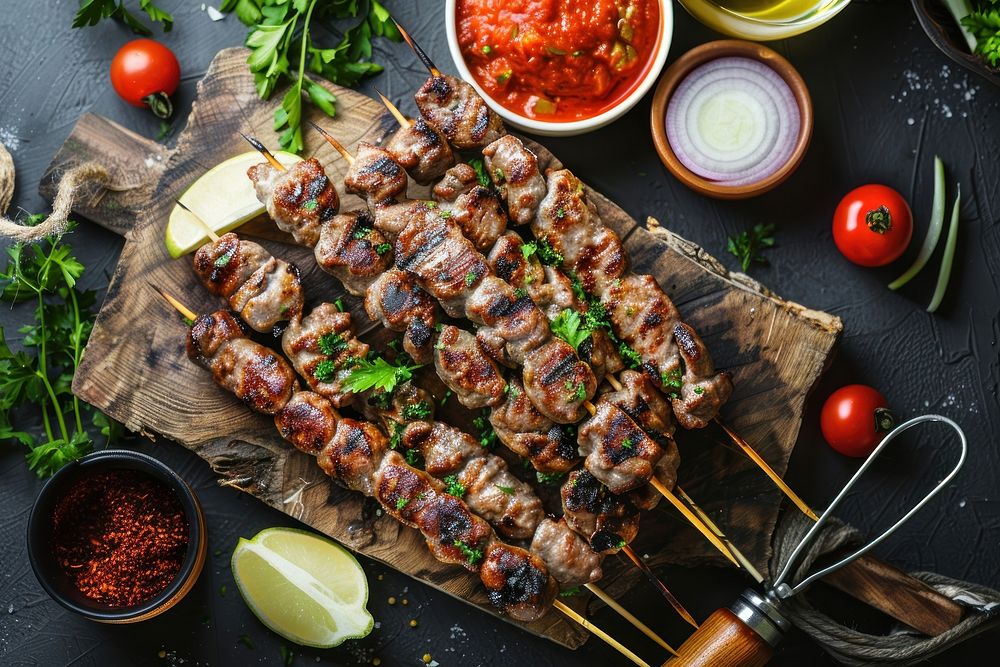 Photo of kebab grilling table meat.