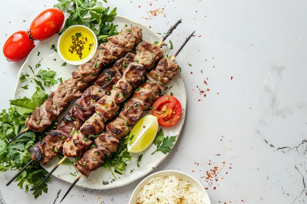 Photo of kebab table food meat.