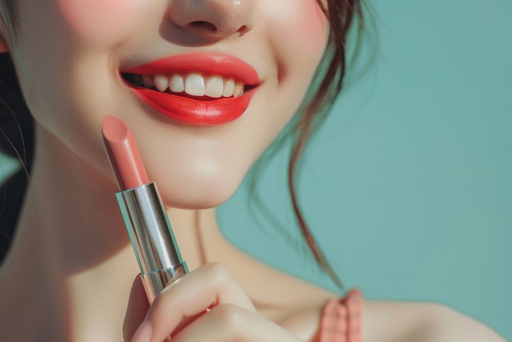 Photo of smilee woman lipstick cosmetics.