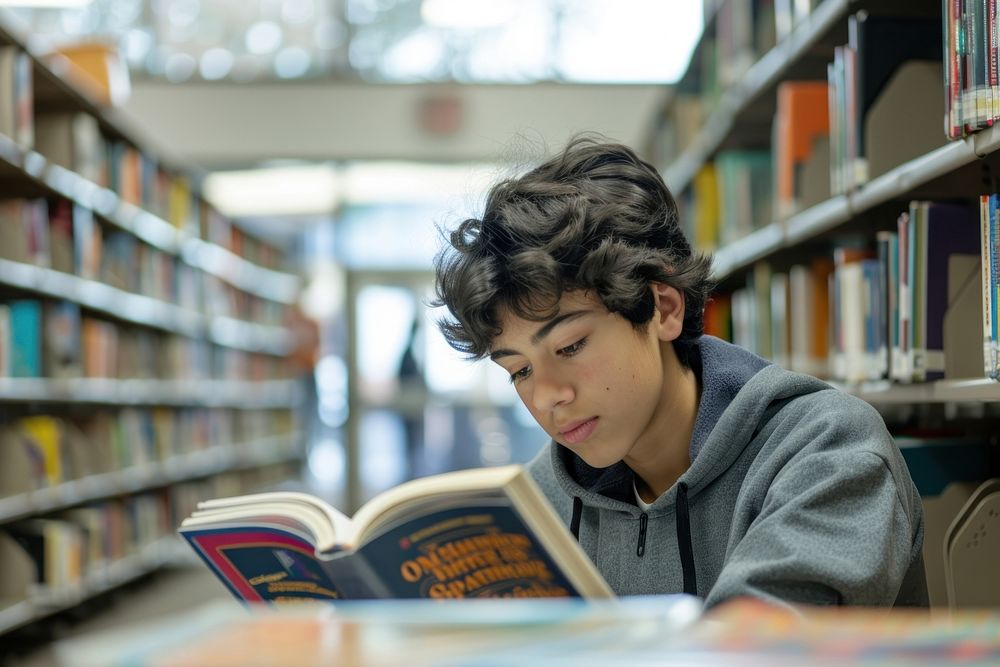 Photo of student reading library publication.