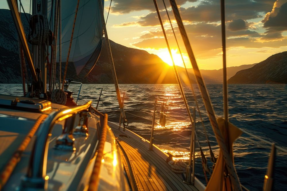Photo of sunrise sailboat mountain sunlight.