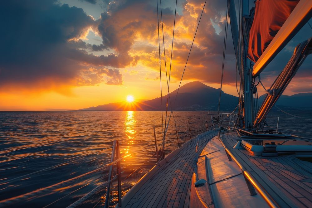 Photo of sunrise sailboat ocean mountain.