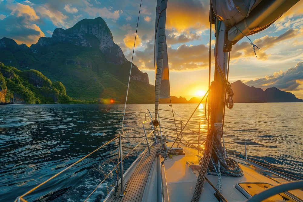 Photo of sunrise sailboat mountain outdoors.