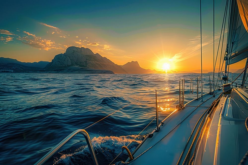 Photo of sunrise sailboat ocean mountain.