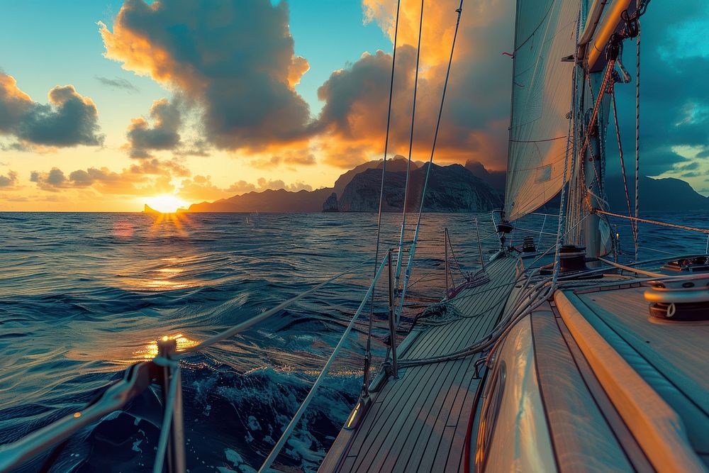 Photo of sunrise sailboat ocean outdoors.