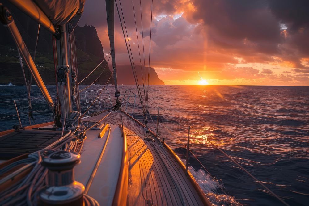 Photo of sunset sailboat ocean outdoors.