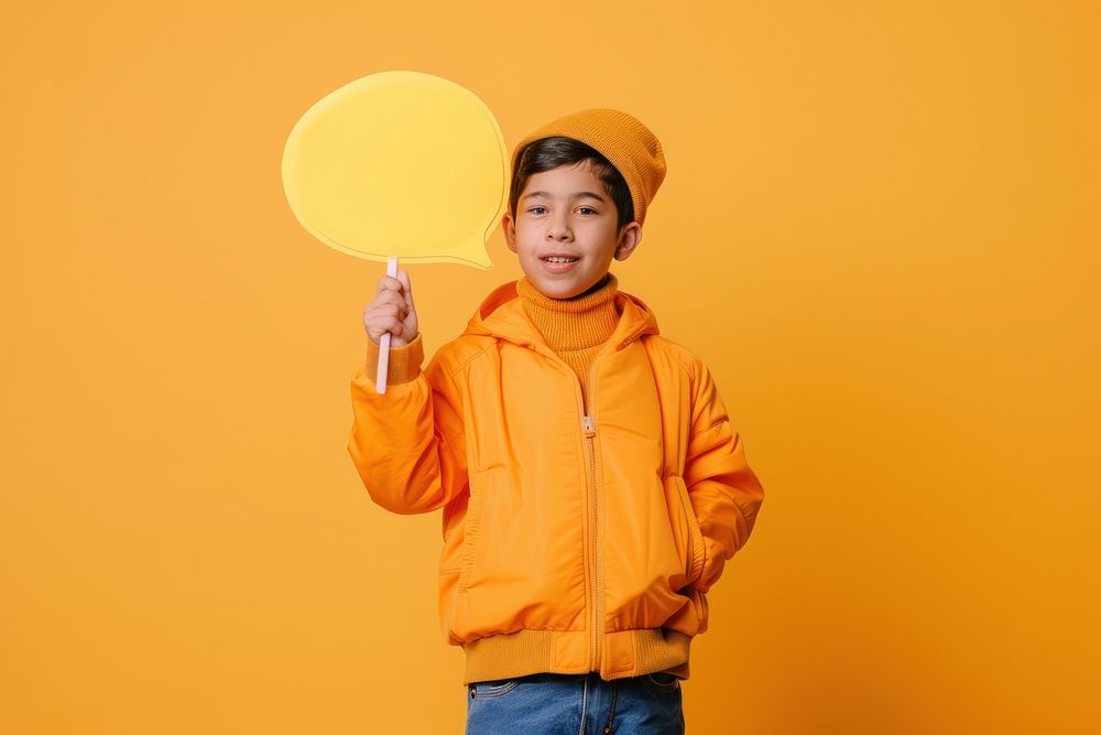 Kid holding speech bubble sign triumphant clothing apparel.