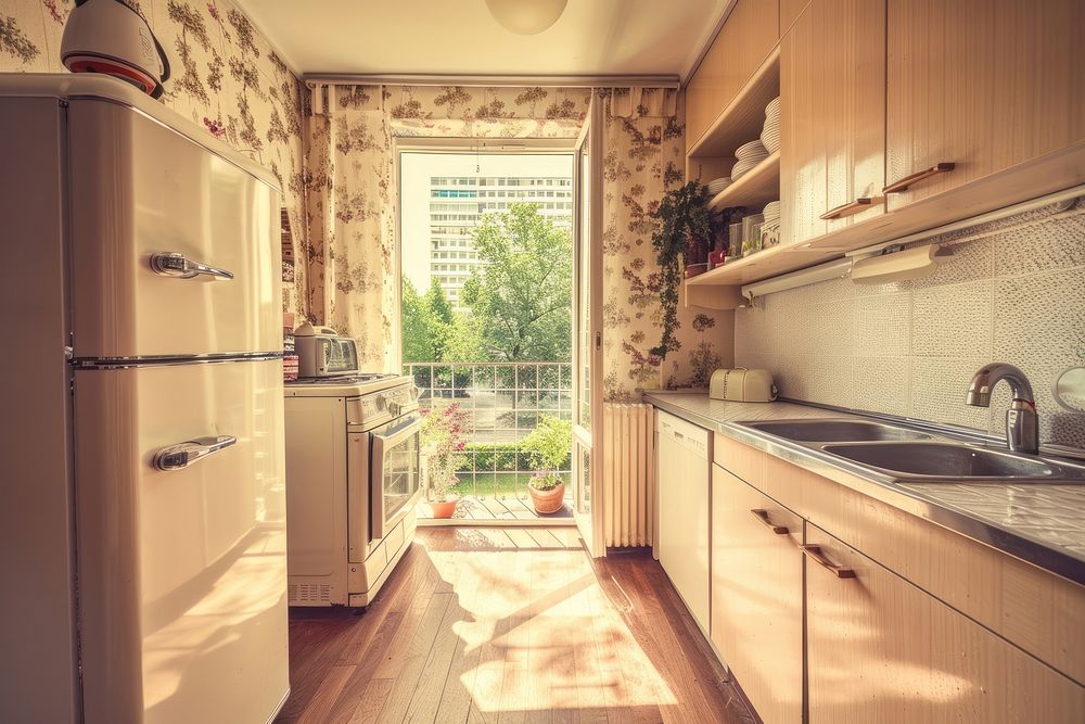 Kitchen room refrigerator appliance microwave.