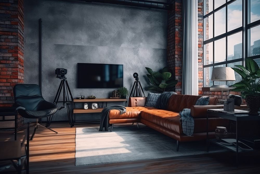 Living room in loft style architecture electronics furniture.