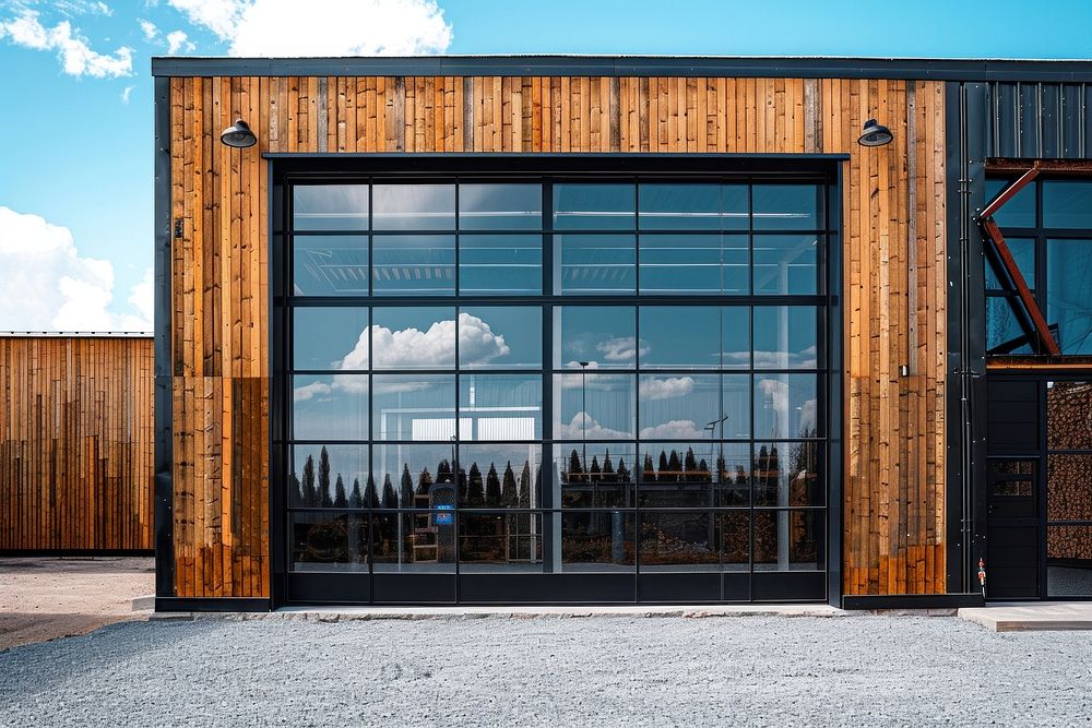 Photo of standalone warehouse building wood architecture.
