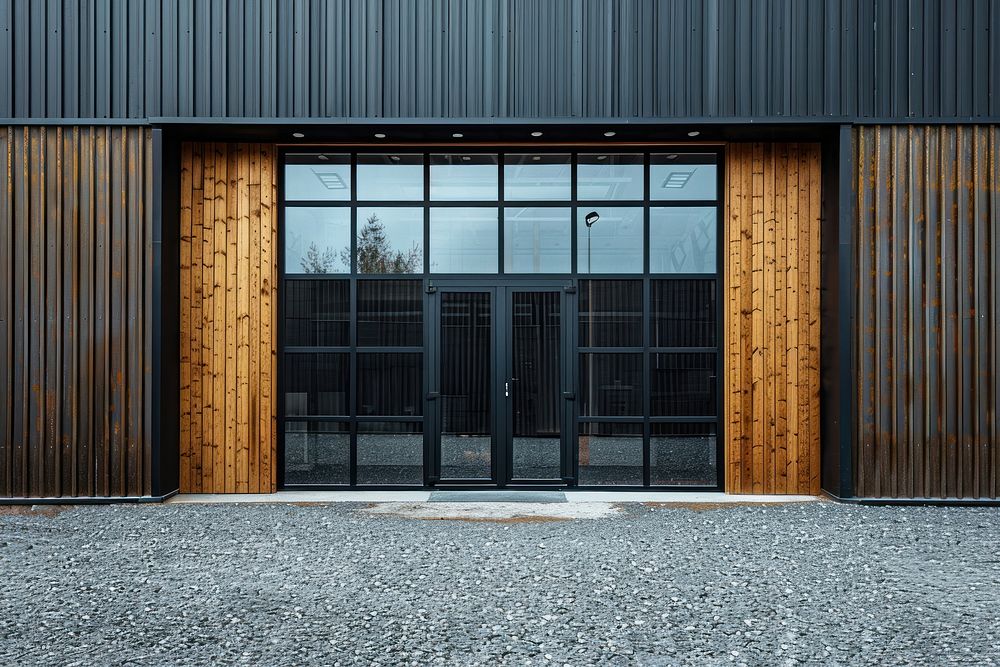 Photo of standalone warehouse building door architecture.