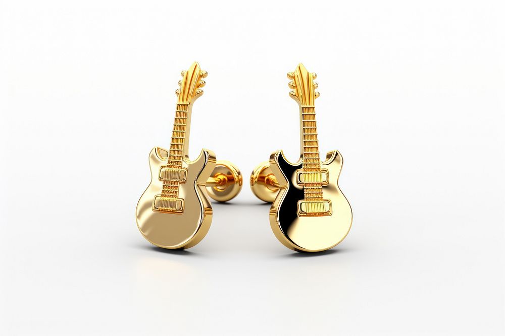 Guitar earrings guitar gold white background.