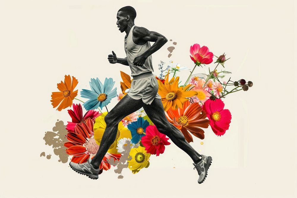 Paper collage of marathon flower footwear running.