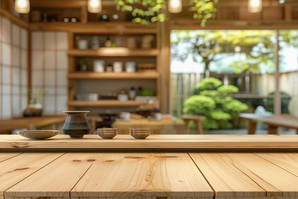 Wood counter japanese style architecture furniture hardwood.