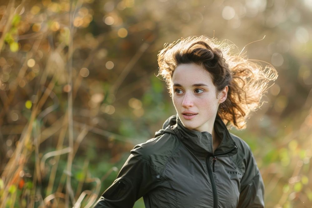 Woman practicing endurance outdoors portrait jacket nature.