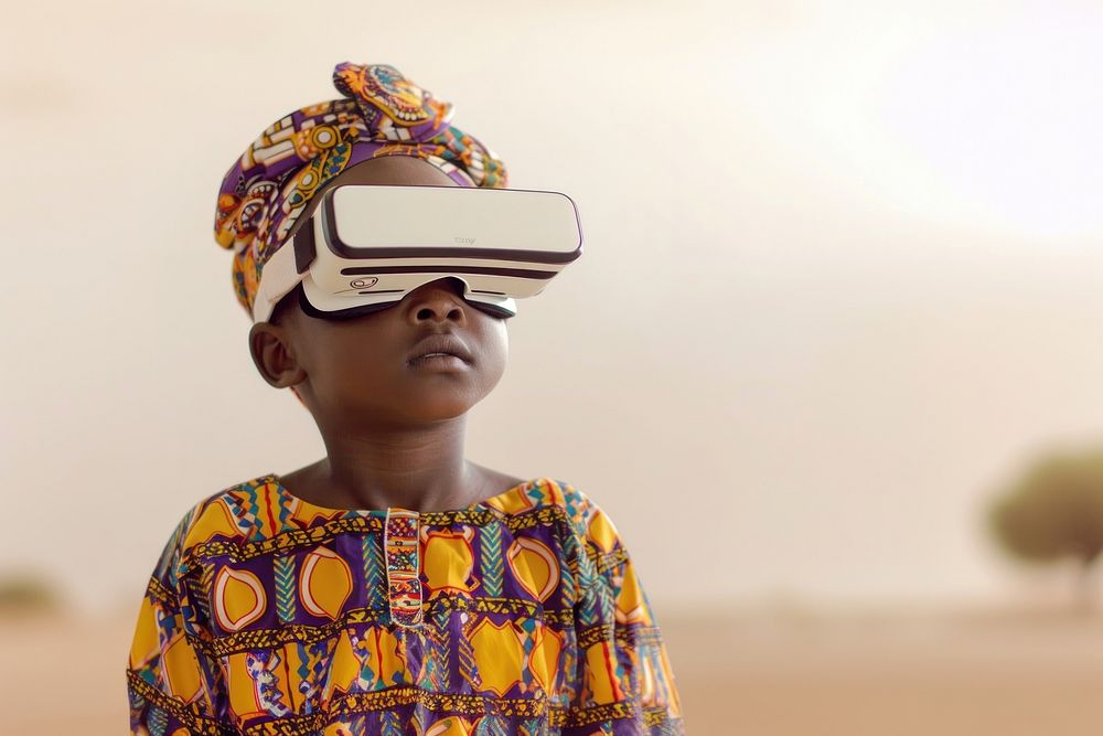 African girl wearing VR glasses technology portrait headshot.