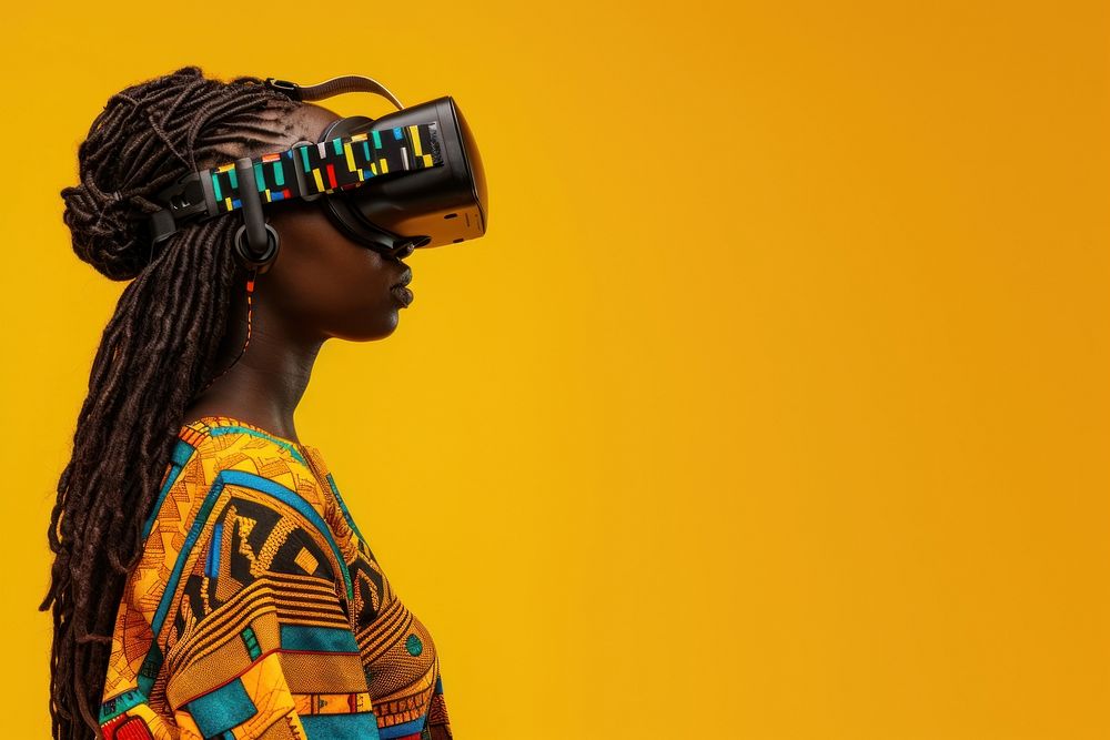 African girl wearing VR glasses portrait adult photography.