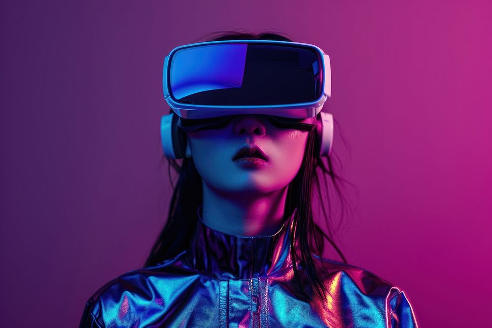 Asian girl wearing VR glasses portrait purple photography.