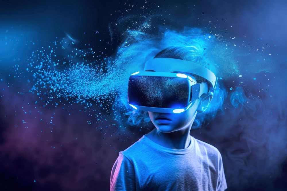 Boy wearing VR glasses illuminated accessories photography.